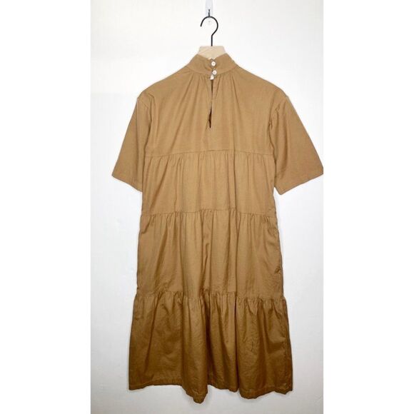 Everlane The Tiered Midi Dress Cotton Mock Neck Short Sleeve Tan XS - Picture 5 of 7
